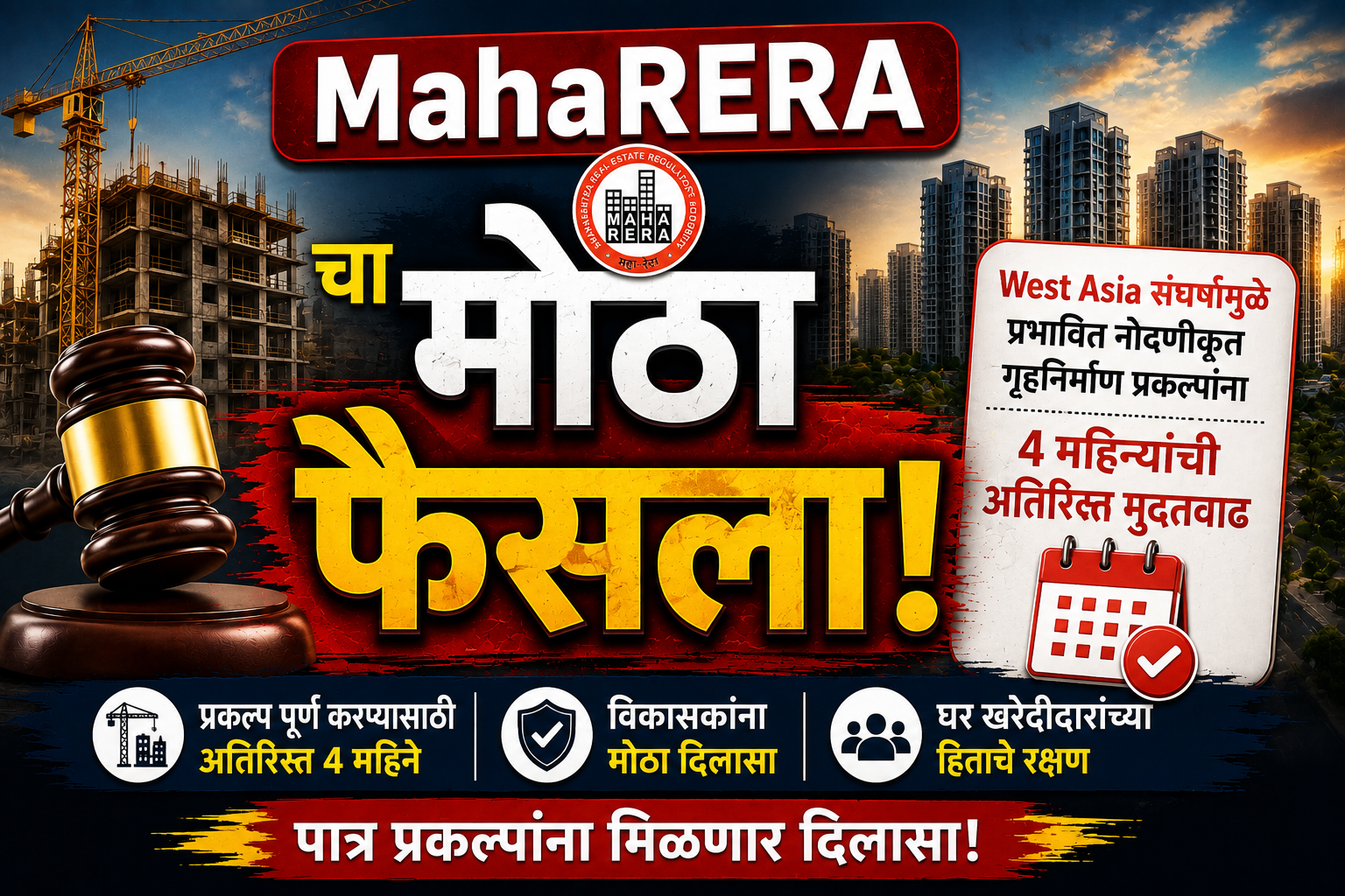 MahaRERAचा मोठा निर्णय; West Asia संघर्षामुळे प्रभावित गृहनिर्माण प्रकल्पांना 4 महिन्यांची मुदतवाढ