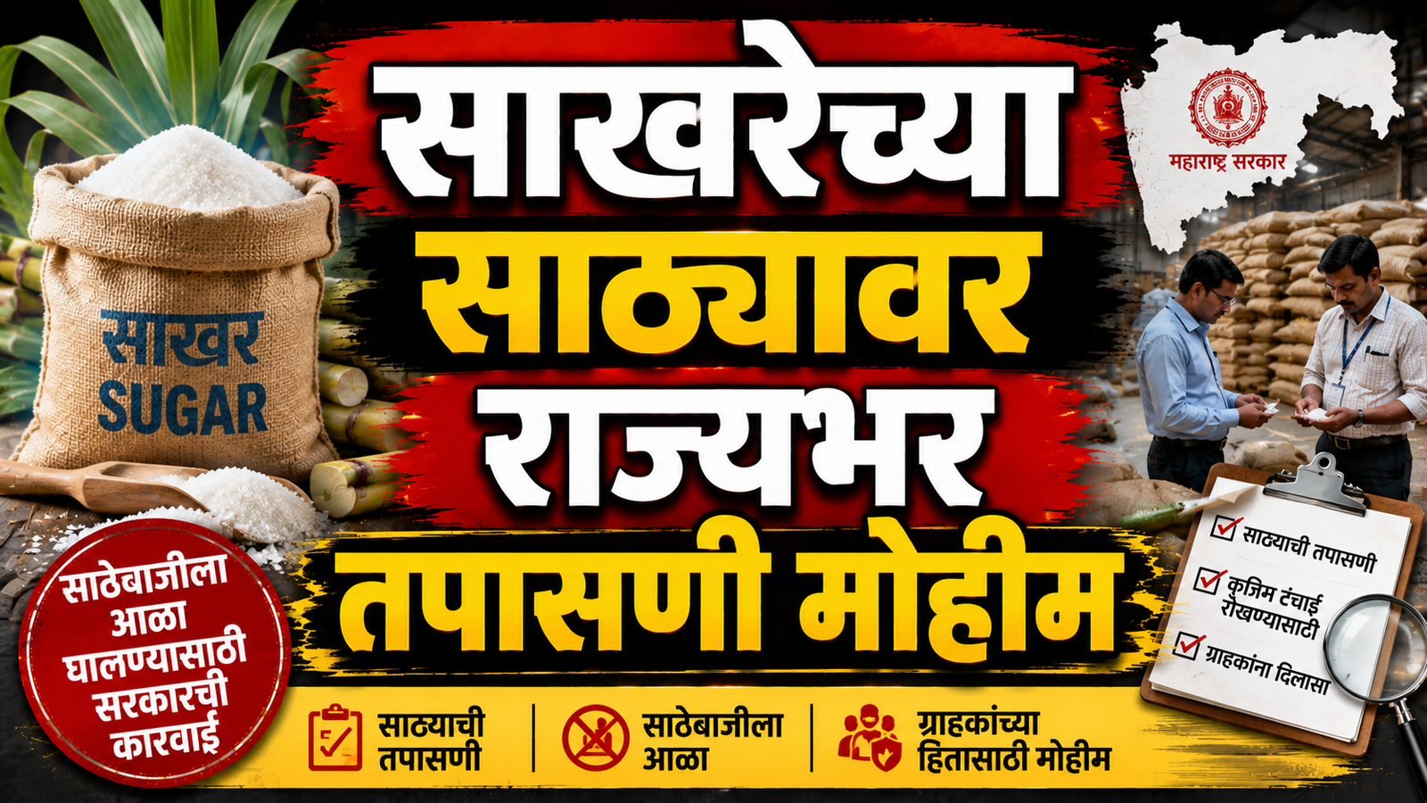 साखरेच्या साठ्यावर राज्यभर तपासणी मोहीम; साठेबाजीला आळा घालण्यासाठी सरकारची कारवाई