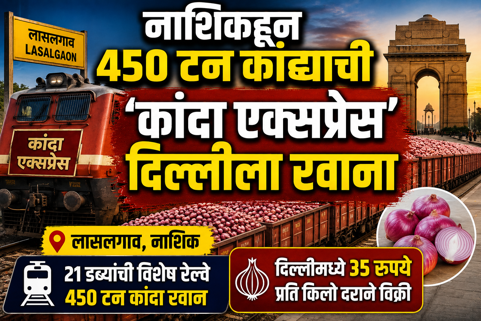 नाशिकहून 450 टन कांद्याची ‘कांदा एक्सप्रेस’ दिल्लीला रवाना; वाढत्या दरांवर नियंत्रणाचा प्रयत्न