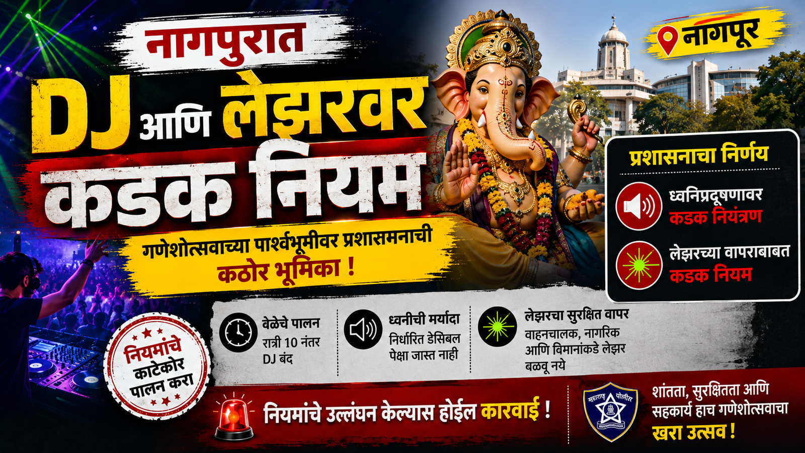 नागपुरात DJ आणि लेझरवर कडक नियम; गणेशोत्सवाच्या पार्श्वभूमीवर प्रशासनाचा मोठा निर्णय